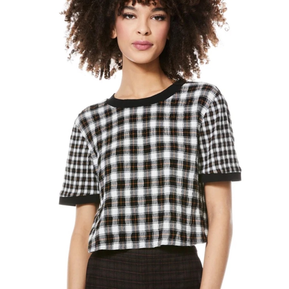 Alice + Olivia Short Sleeve plaid piera top